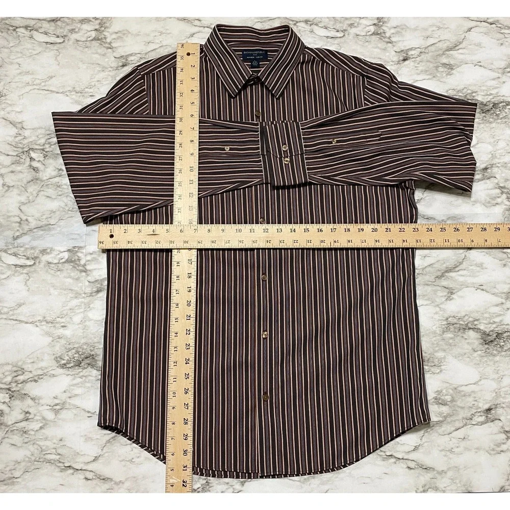 Banana Republic‎ Slim Fit Non Iron Mens Dress Shirt Sz 16-16 1/2 Brown Striped